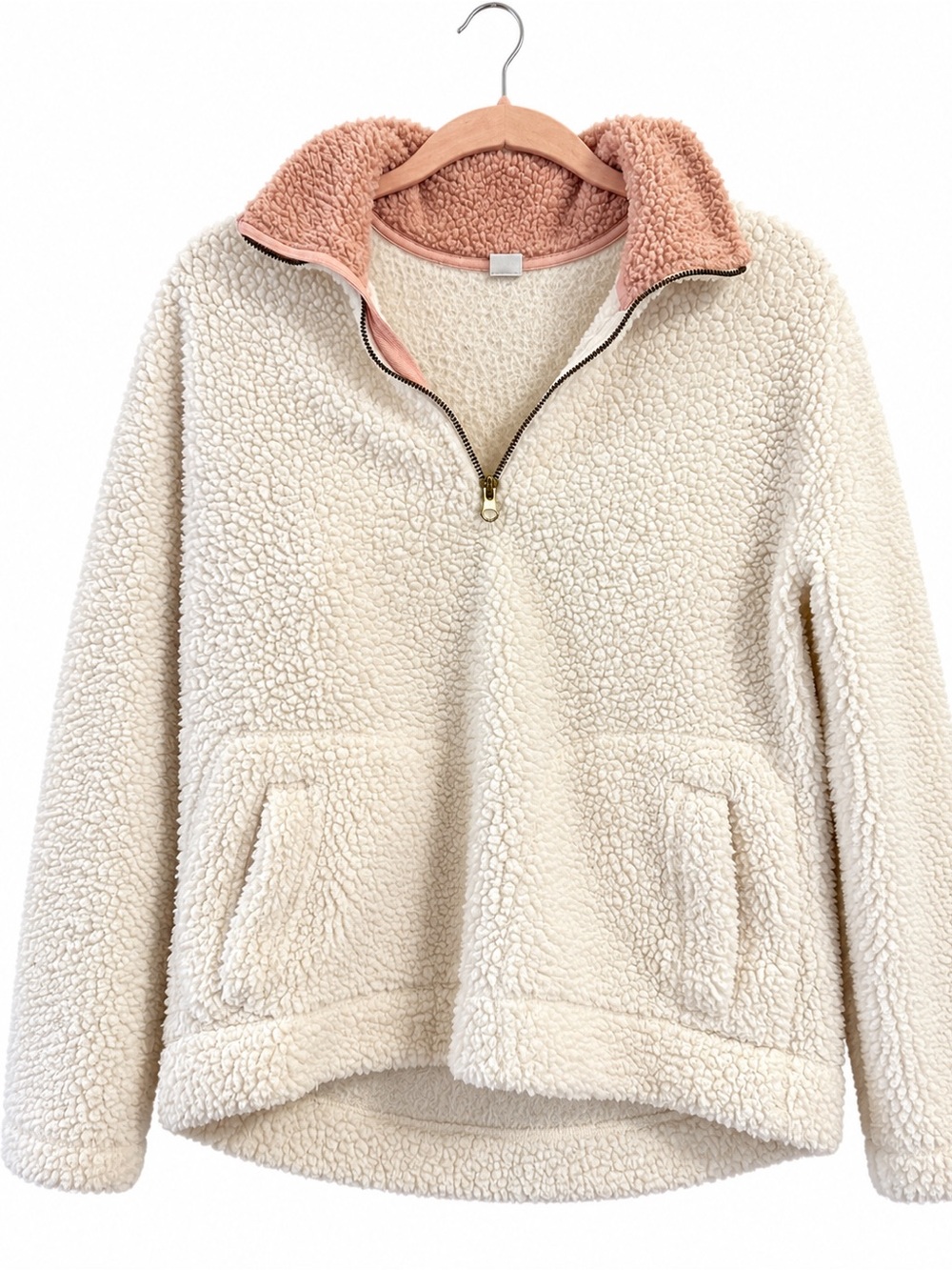 Old Navy Cream Sherpa Quarter Zip Pullover Pink Collar Size M